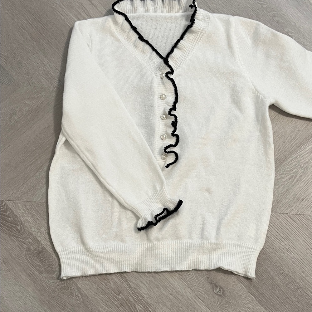 SHEIN White V-Neck Sweater with Black Trim